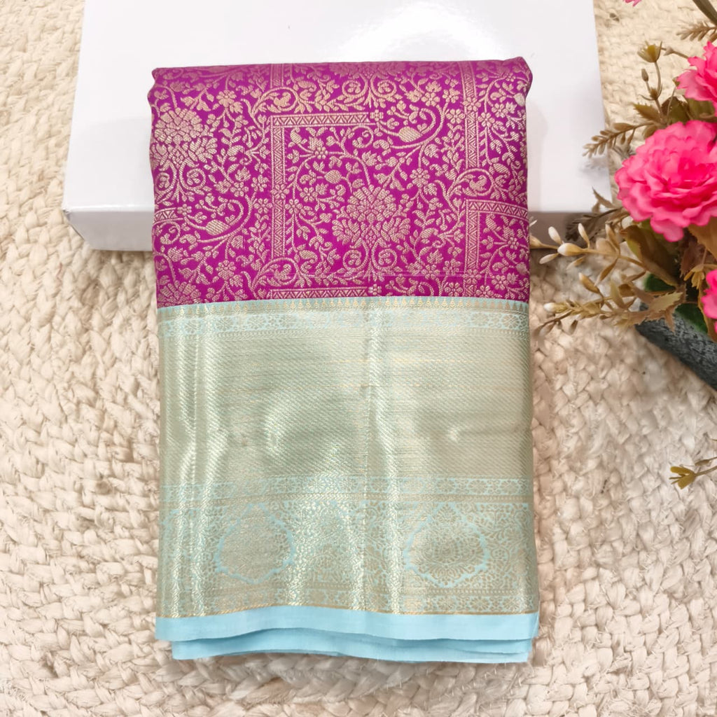 Semi Kanchipuram Brocade Silk Saree- Magenta with light blue color Contrast