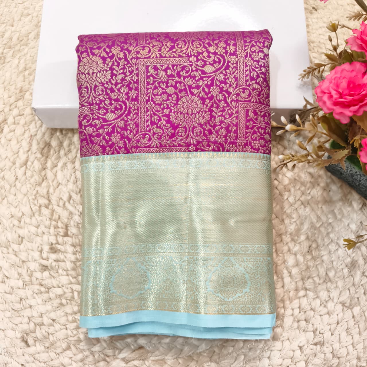 Semi Kanchipuram Brocade Silk Saree- Magenta with light blue color Contrast