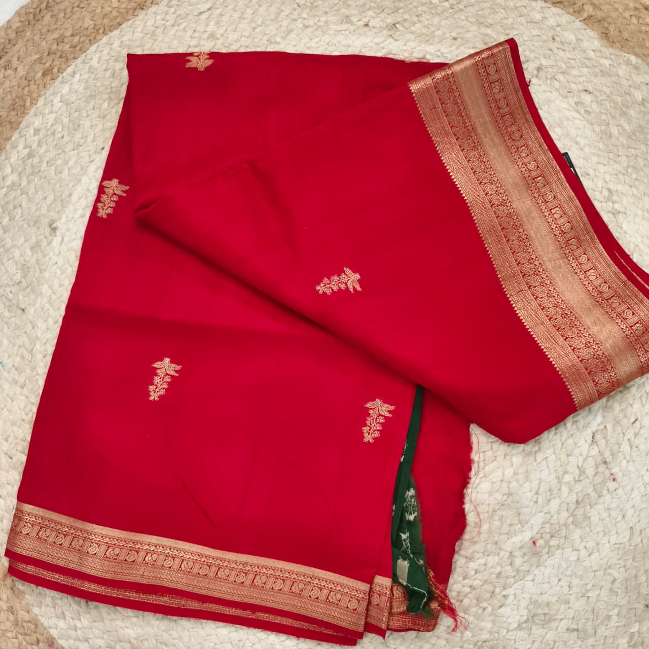 Red Viscose Saree with Green Contrast blouse