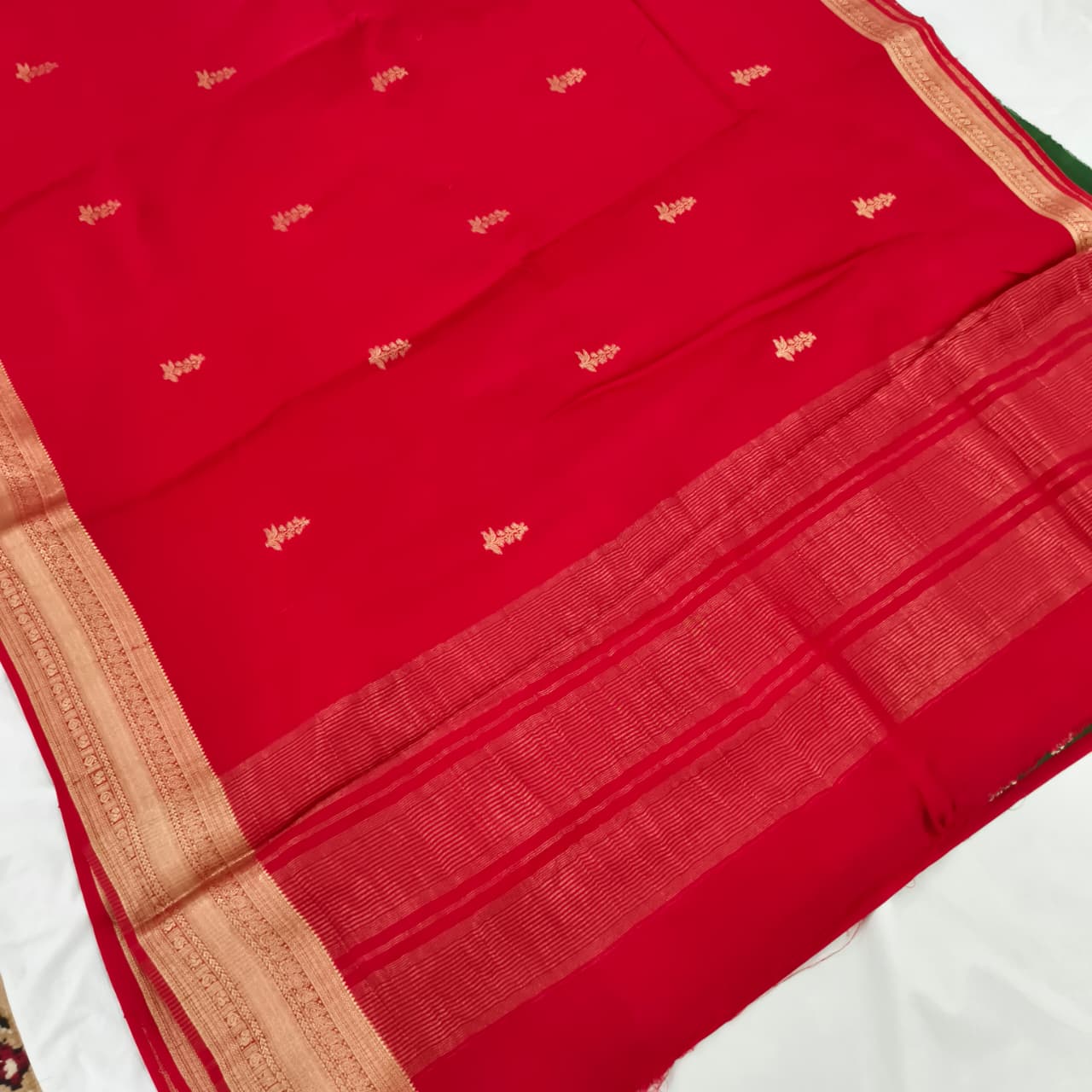 Red Viscose Saree with Green Contrast blouse