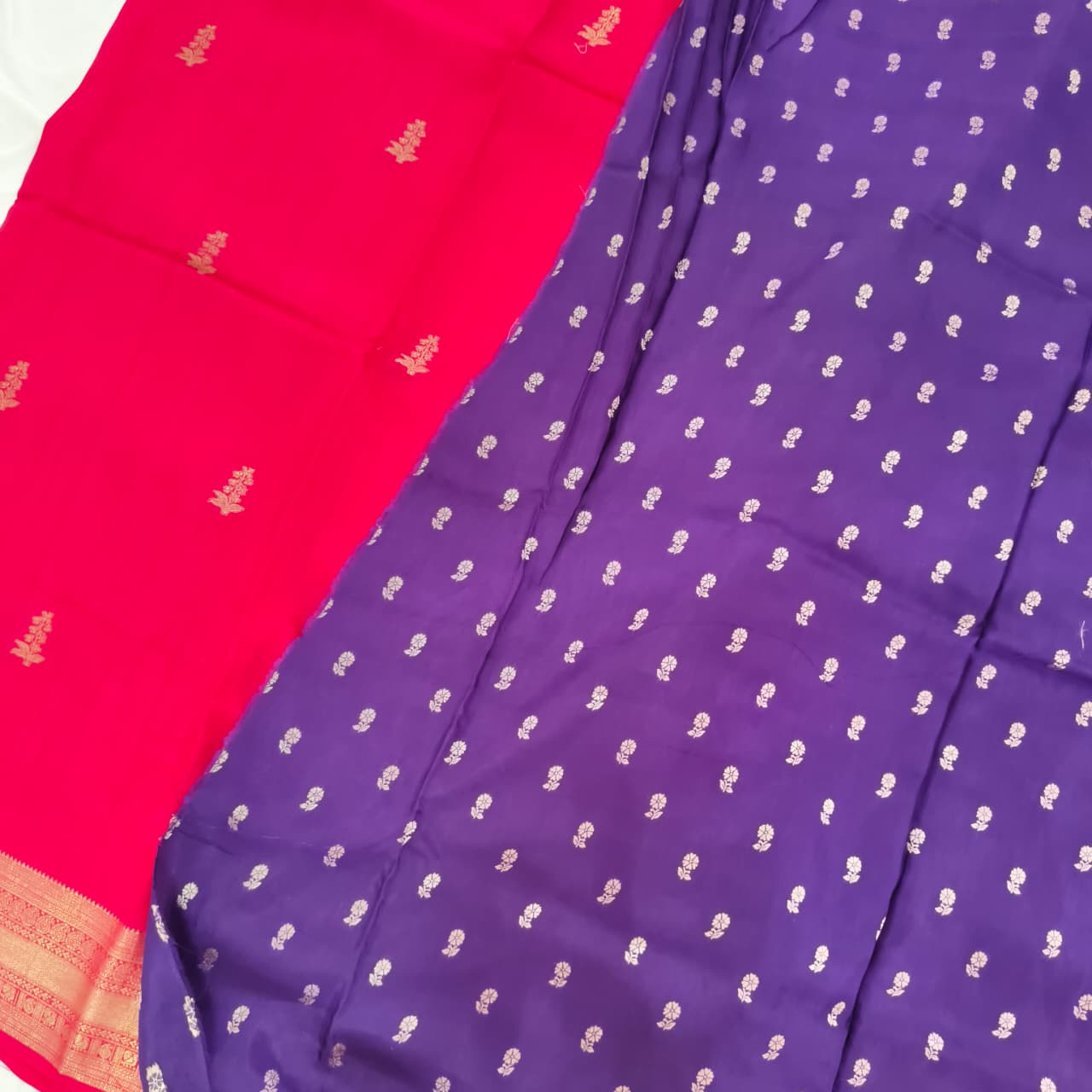 Rani Pink Viscose Saree with Purple Contrast blouse