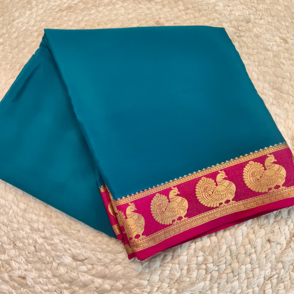 Pure Mysore Crepe Silk Saree – Peacock Blue and Rani Pink