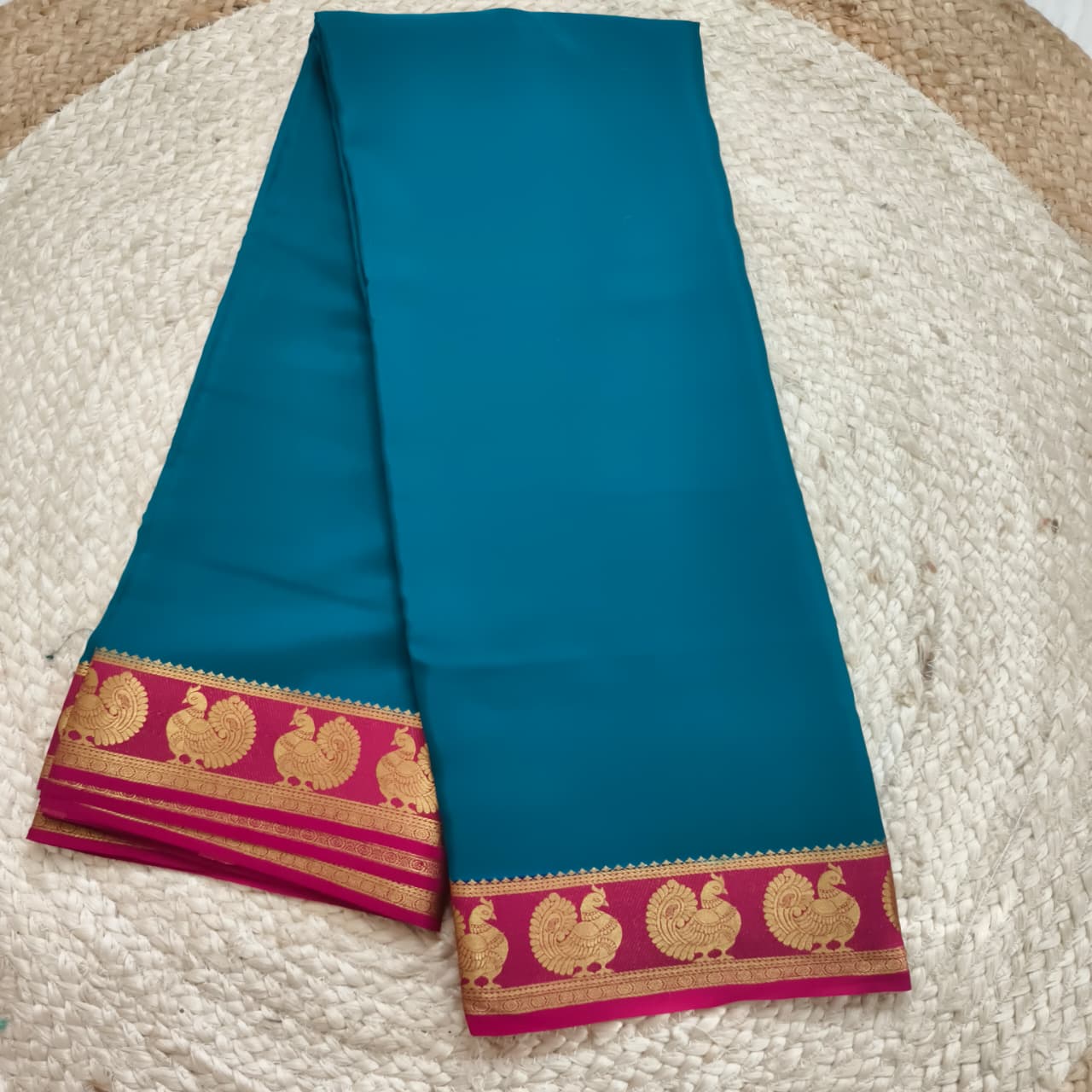 Pure Mysore Crepe Silk Saree – Peacock Blue and Rani Pink