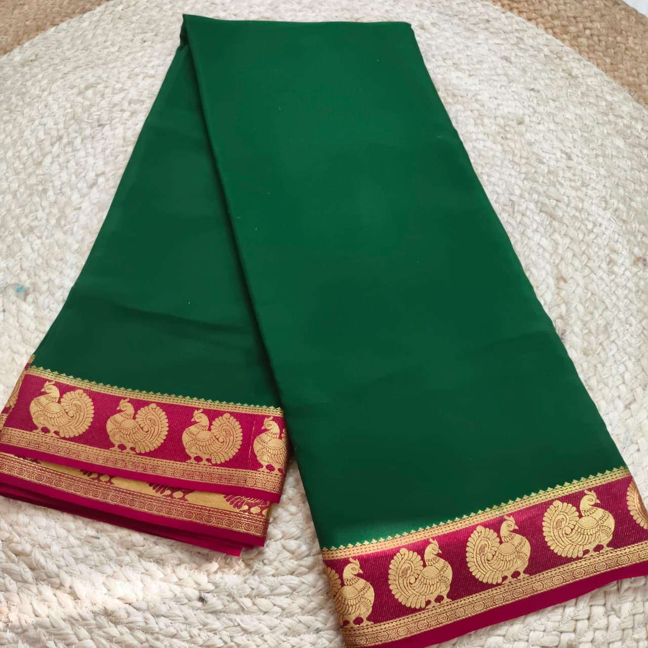 Pure Mysore Crepe Silk Saree – Green and Pink Contrast