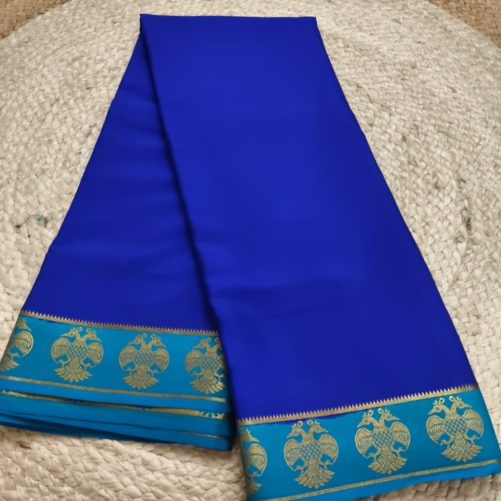 Pure Mysore Crepe Silk Saree – Royal Blue and Light blue Contrast