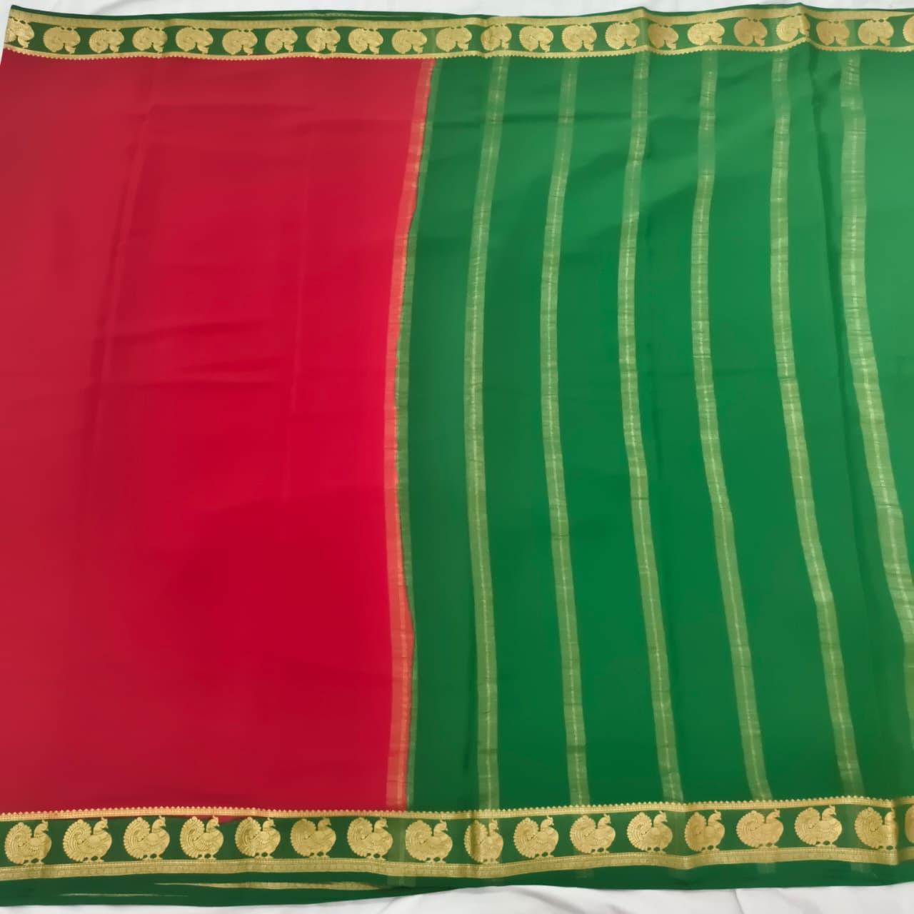 Pure Mysore Crepe Silk Saree – Red and Green