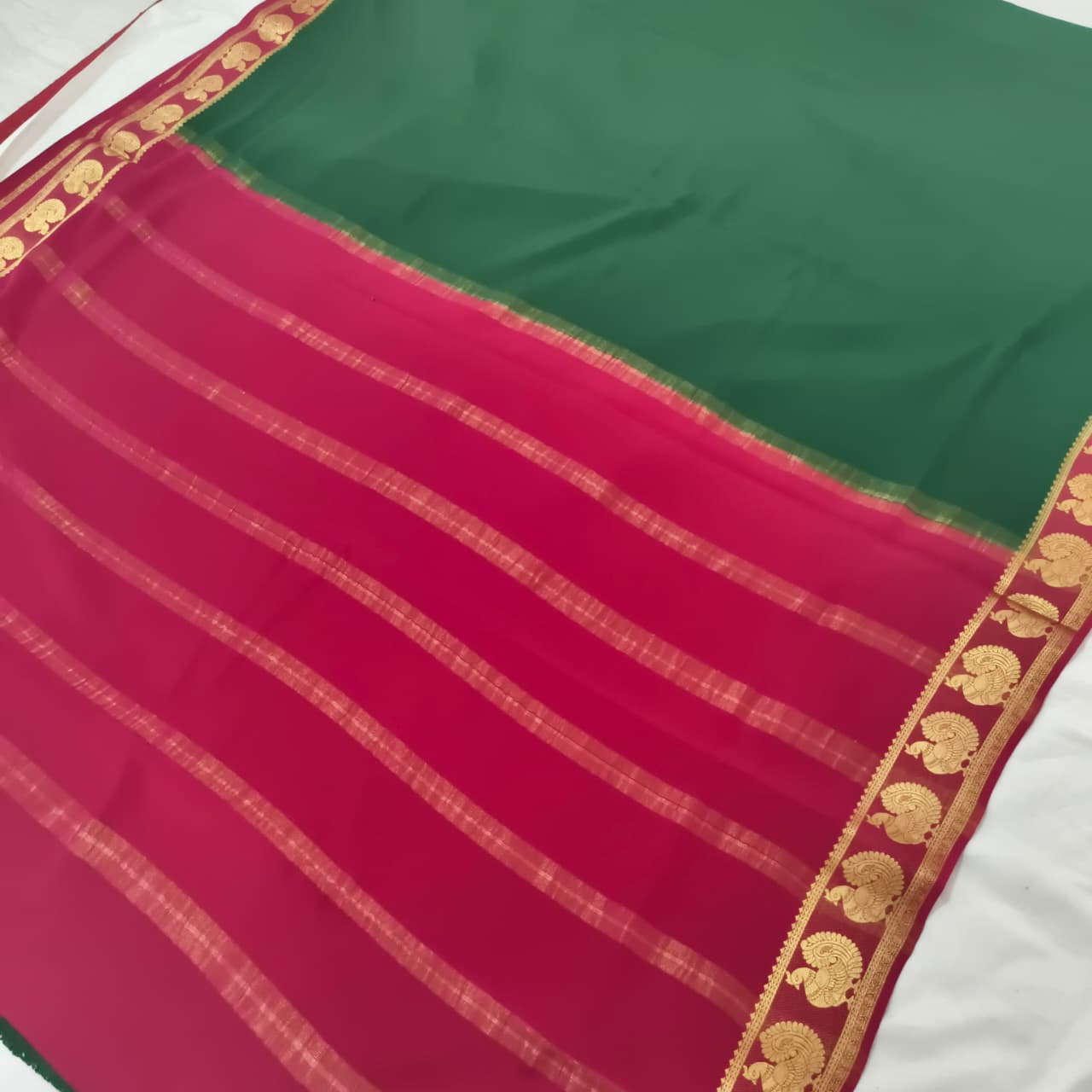 Pure Mysore Crepe Silk Saree – Green and Pink Contrast