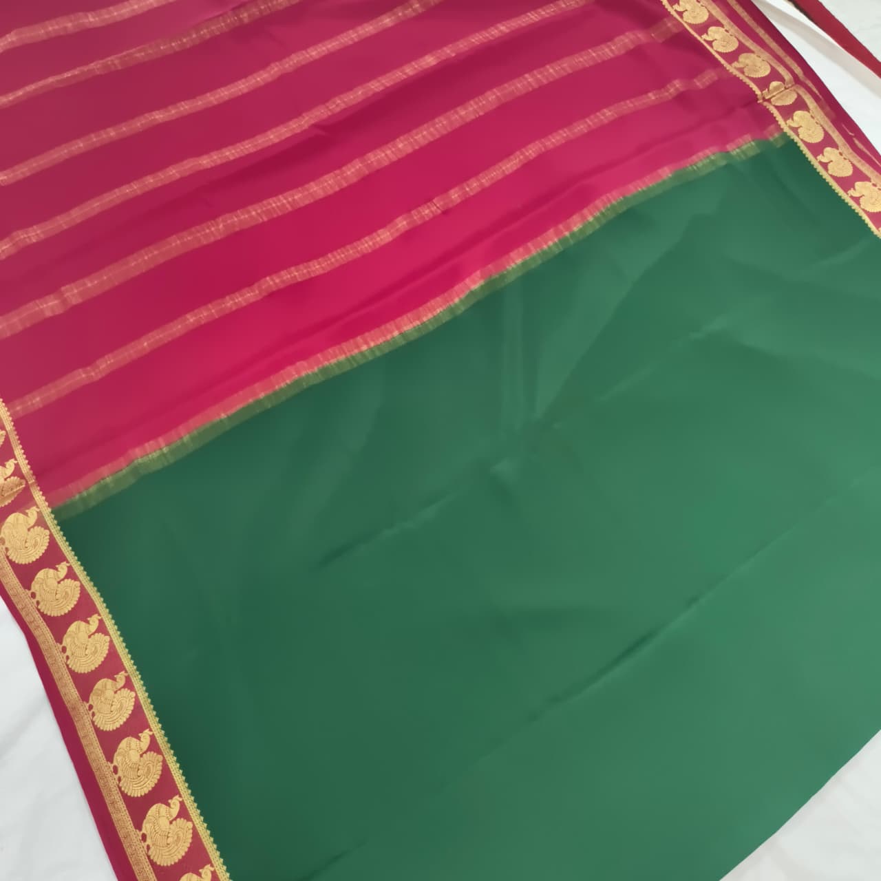 Pure Mysore Crepe Silk Saree – Green and Pink Contrast