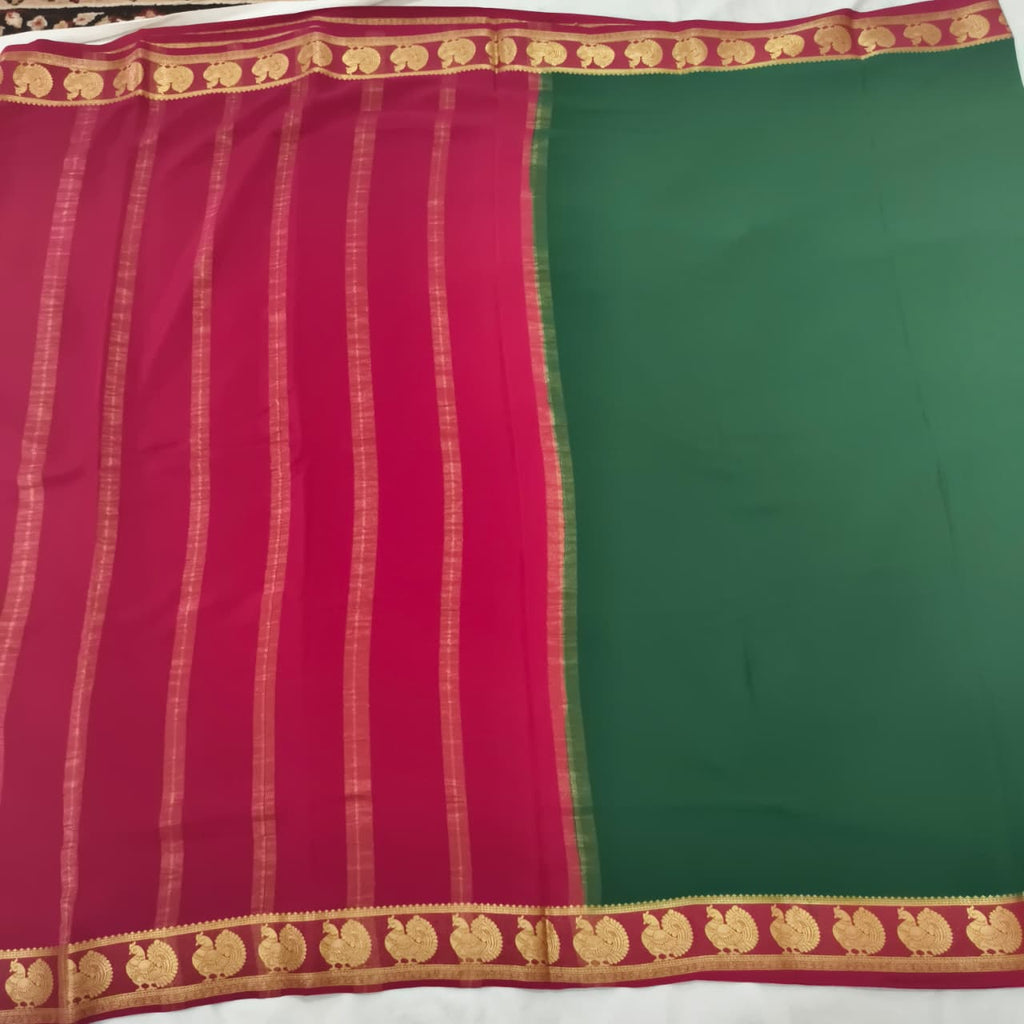 Pure Mysore Crepe Silk Saree – Green and Pink Contrast