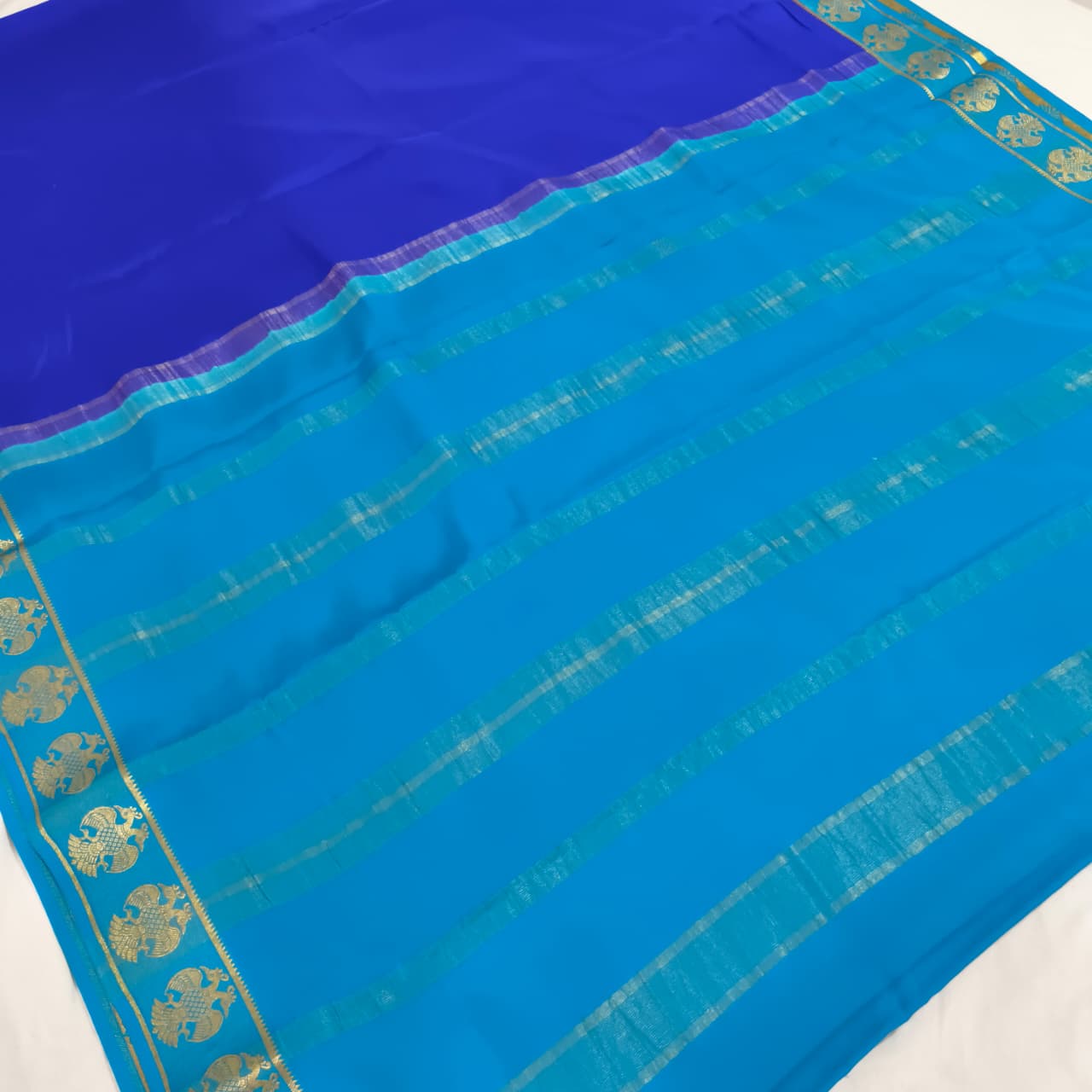 Pure Mysore Crepe Silk Saree – Royal Blue and Light blue Contrast