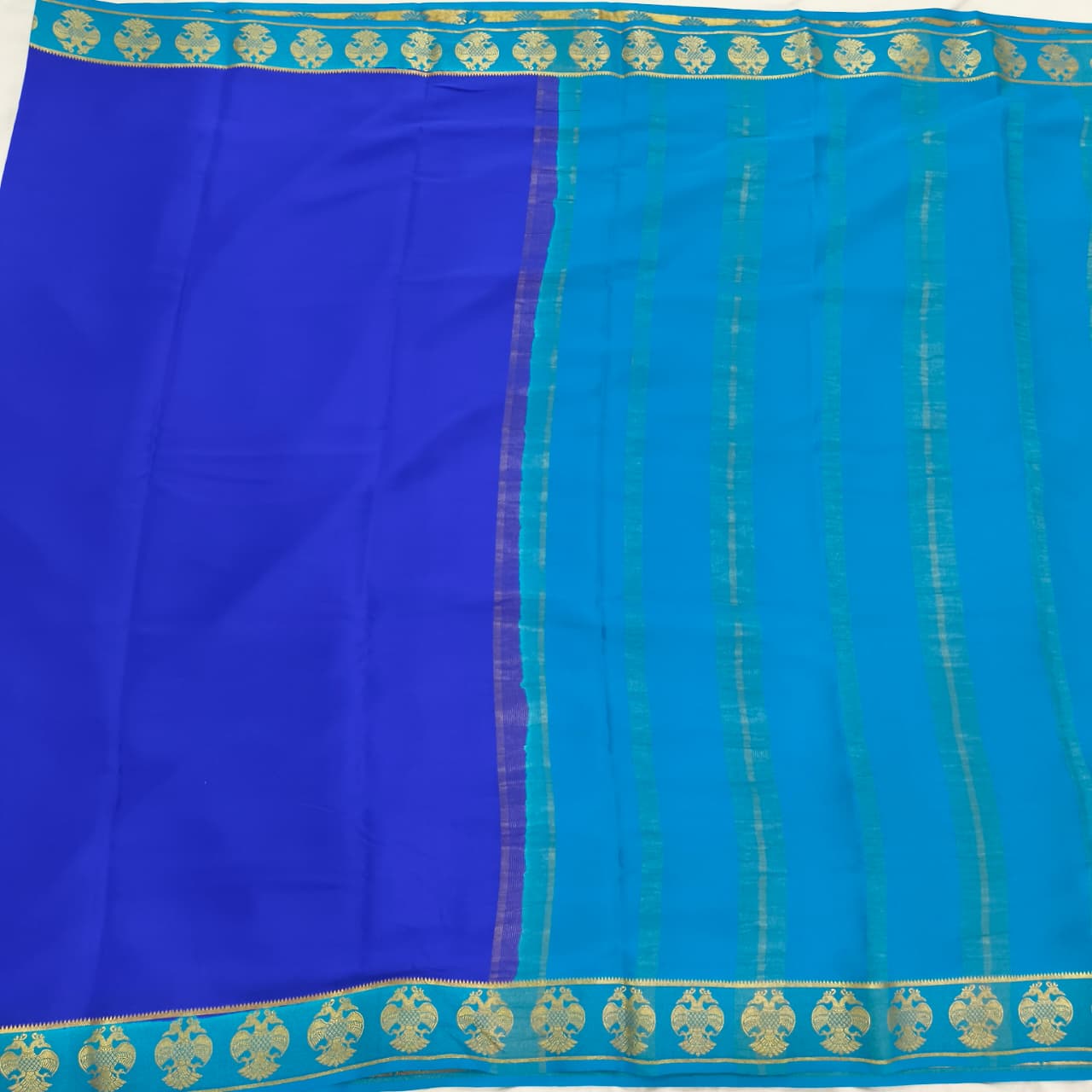 Pure Mysore Crepe Silk Saree – Royal Blue and Light blue Contrast