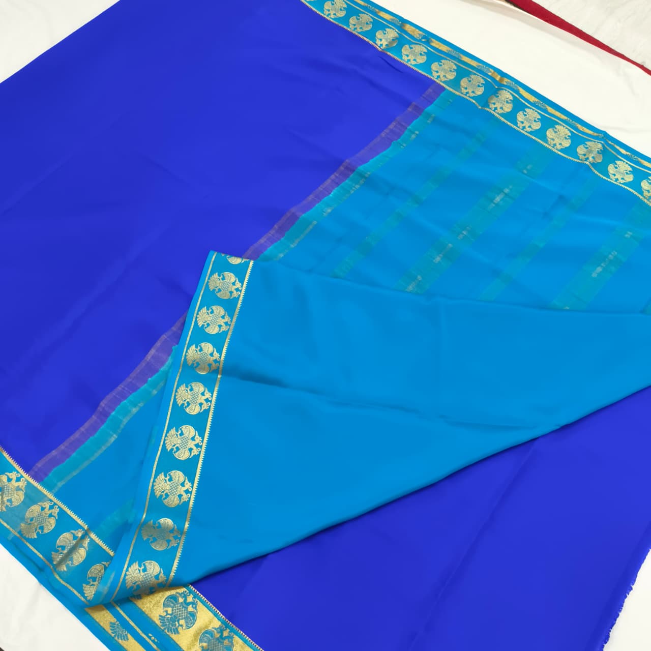 Pure Mysore Crepe Silk Saree – Royal Blue and Light blue Contrast