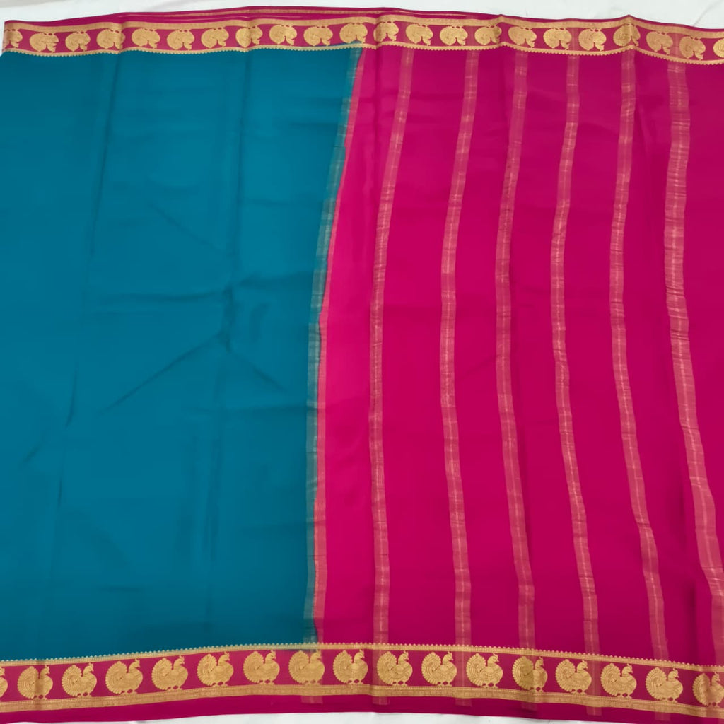 Pure Mysore Crepe Silk Saree – Peacock Blue and Rani Pink