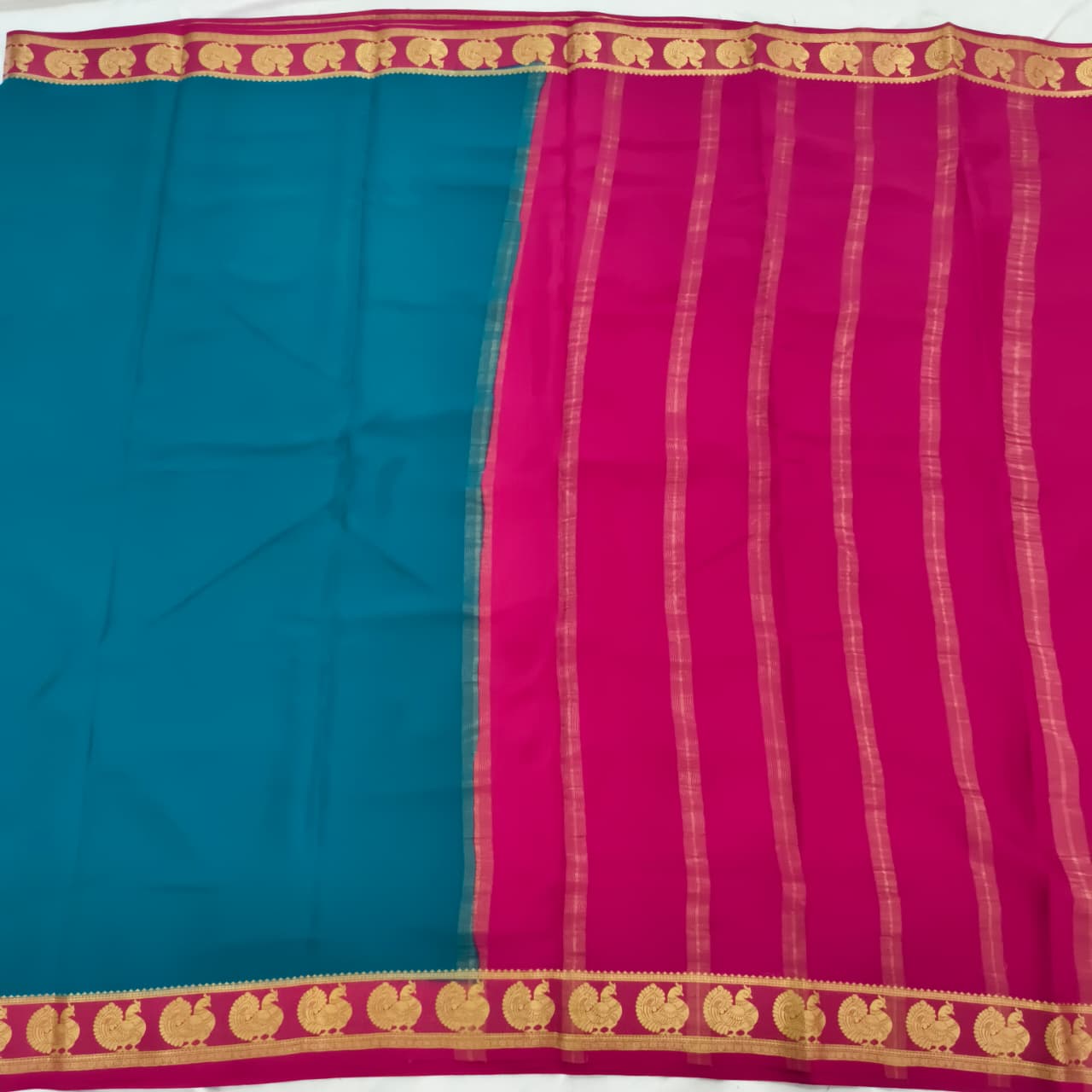 Pure Mysore Crepe Silk Saree – Peacock Blue and Rani Pink