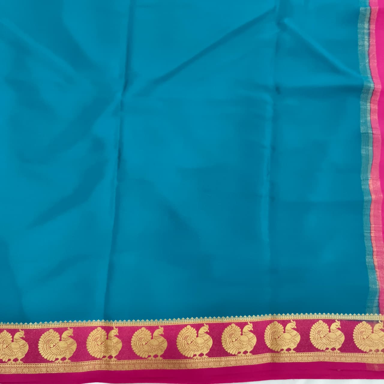 Pure Mysore Crepe Silk Saree – Peacock Blue and Rani Pink