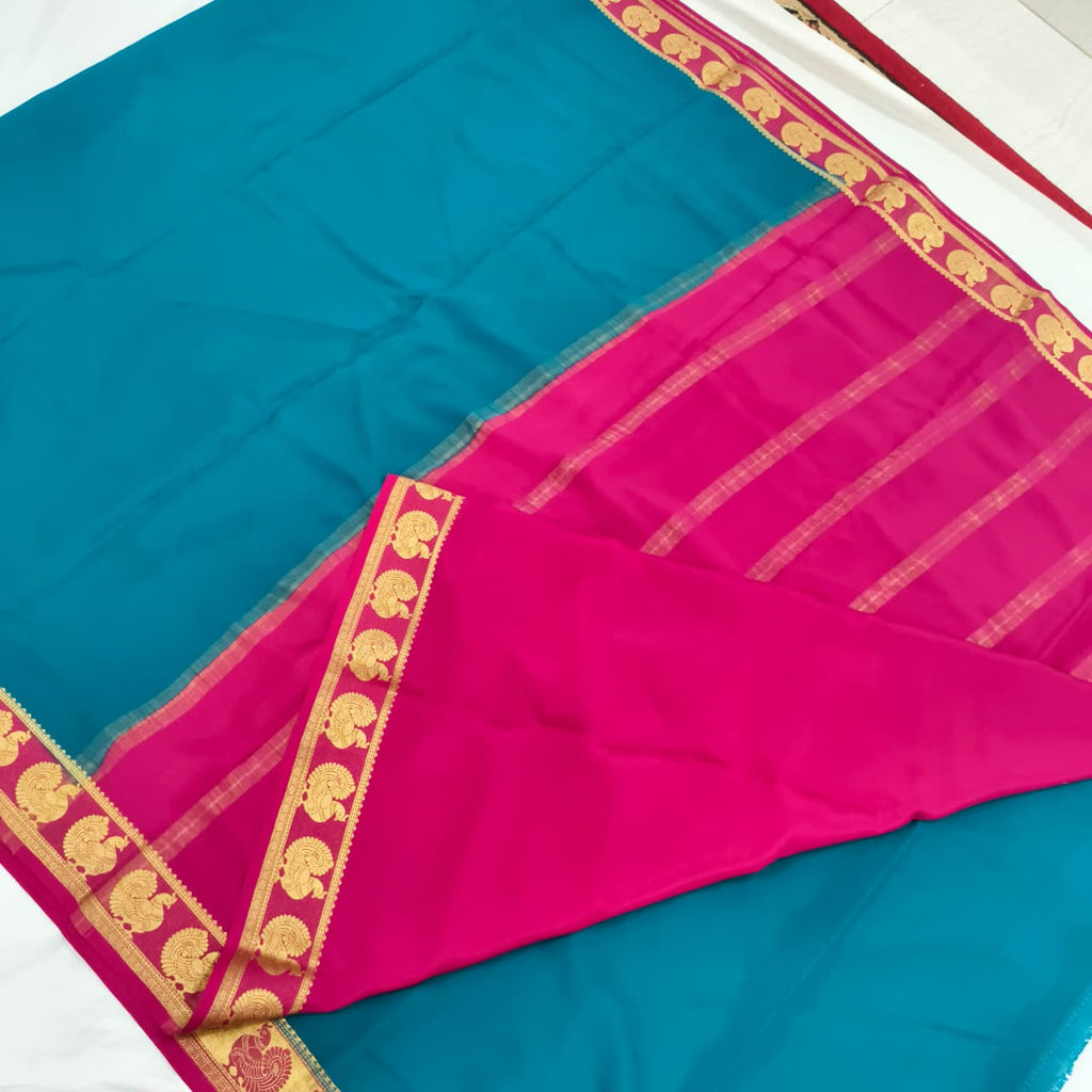 Pure Mysore Crepe Silk Saree – Peacock Blue and Rani Pink
