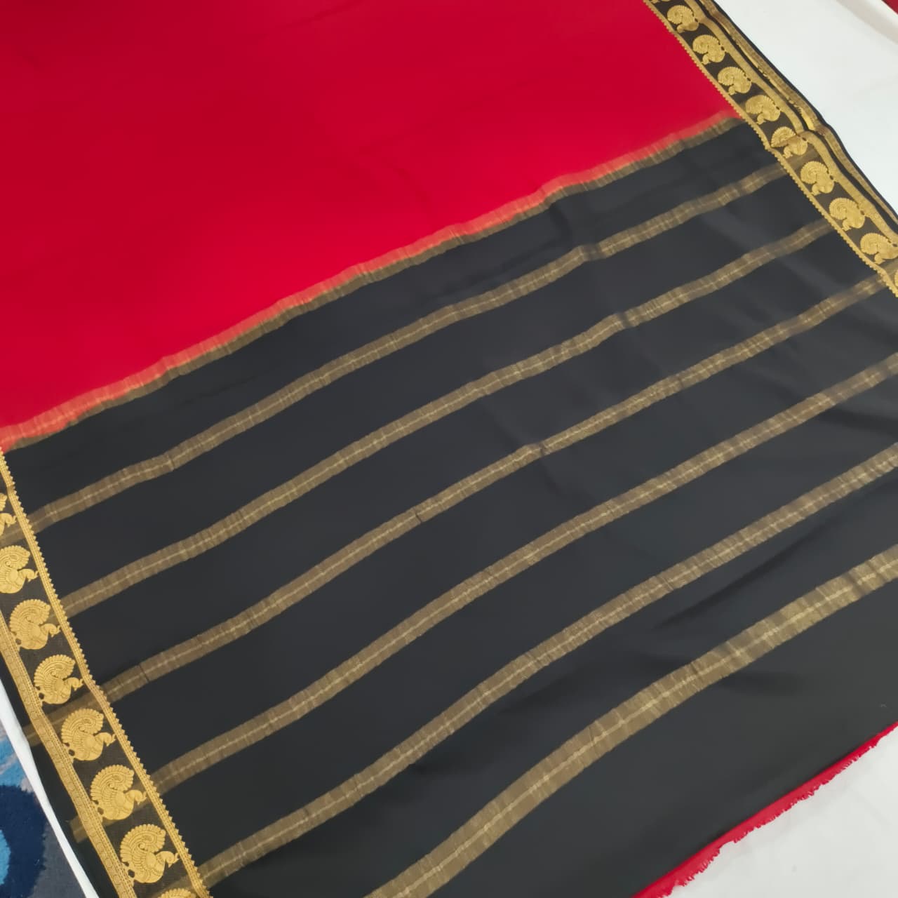 Pure Mysore Crepe Silk Saree – Red and Black