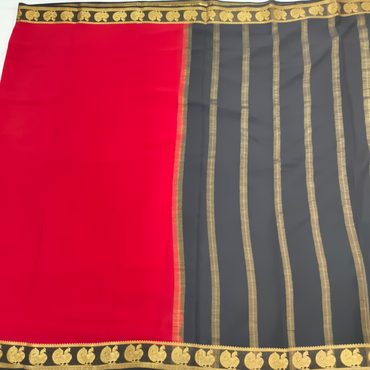 Pure Mysore Crepe Silk Saree – Red and Black