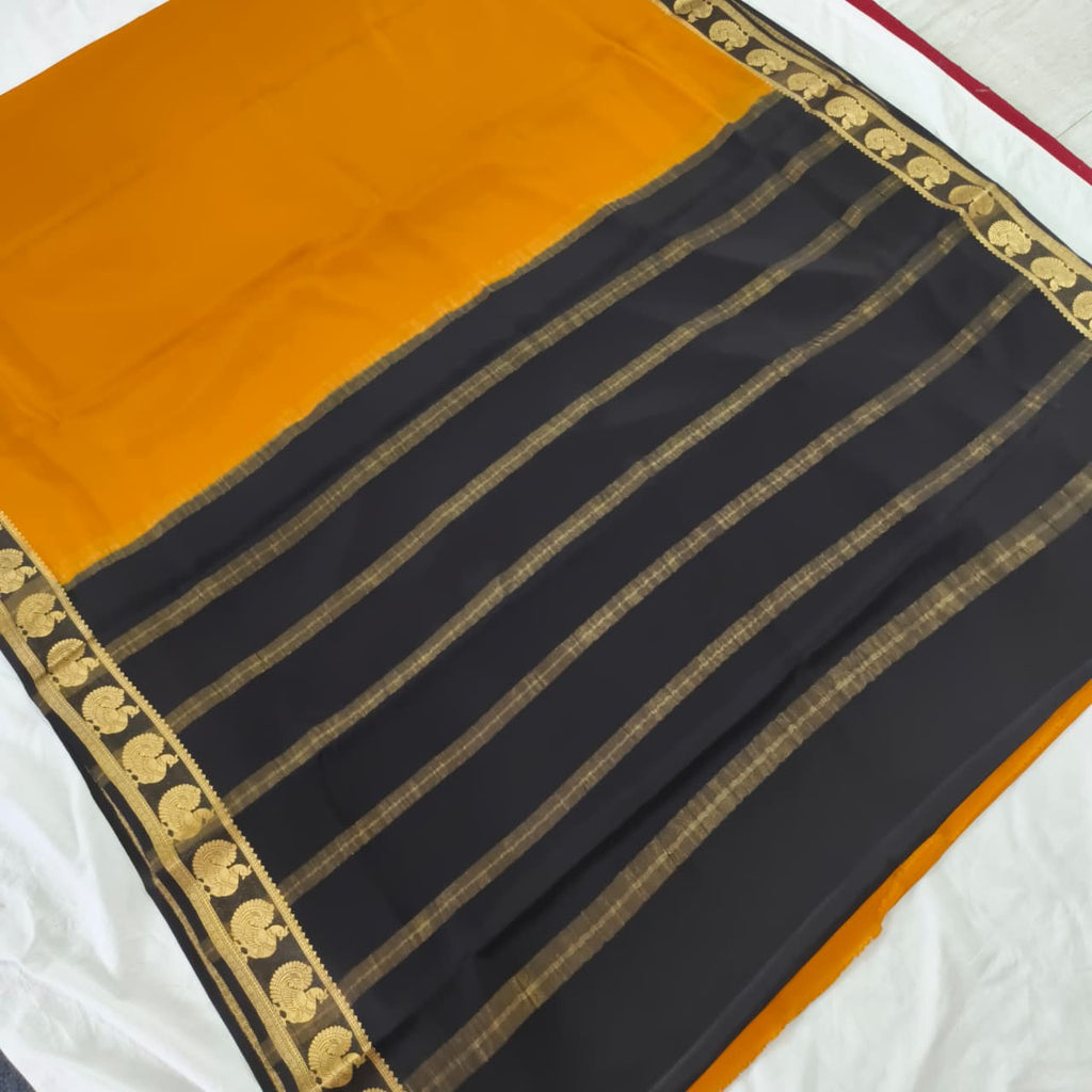 Pure Mysore Crepe Silk Saree – Mustard Yellow and Black