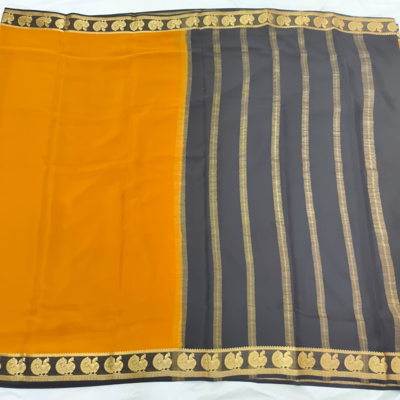 Pure Mysore Crepe Silk Saree – Mustard Yellow and Black