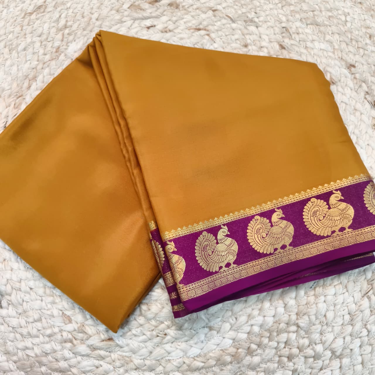 Pure Mysore Crepe Silk Saree – Dark Mustard Yellow and Magenta Pink
