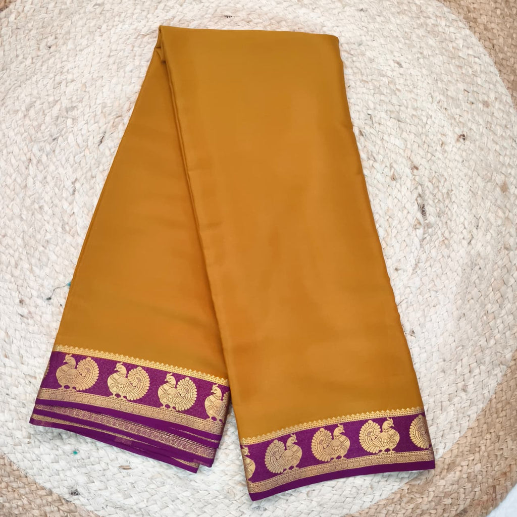 Pure Mysore Crepe Silk Saree – Dark Mustard Yellow and Magenta Pink