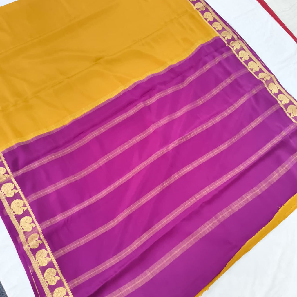 Pure Mysore Crepe Silk Saree – Dark Mustard Yellow and Magenta Pink