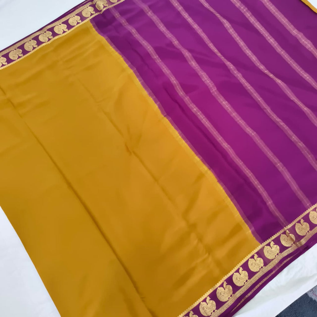 Pure Mysore Crepe Silk Saree – Dark Mustard Yellow and Magenta Pink