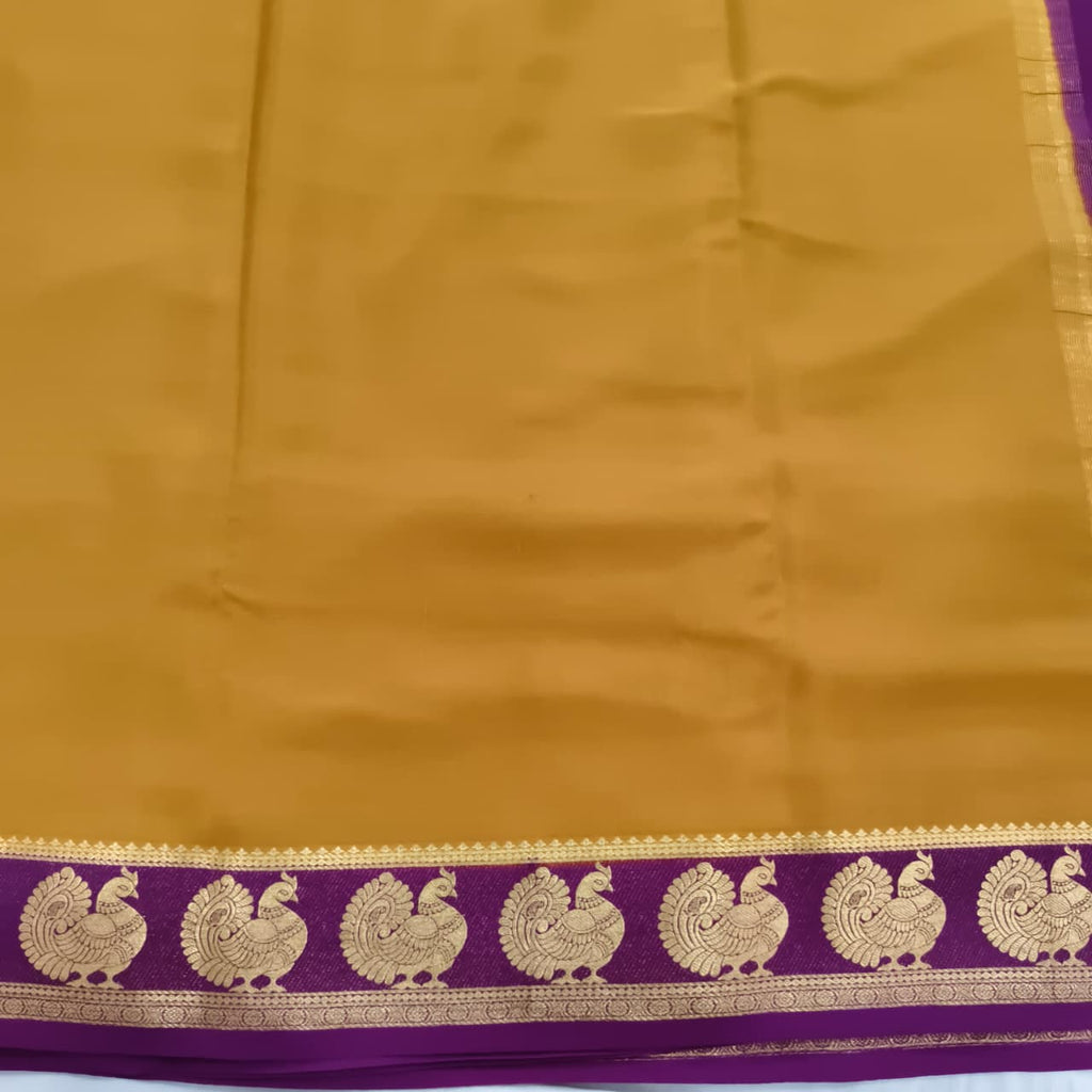 Pure Mysore Crepe Silk Saree – Dark Mustard Yellow and Magenta Pink