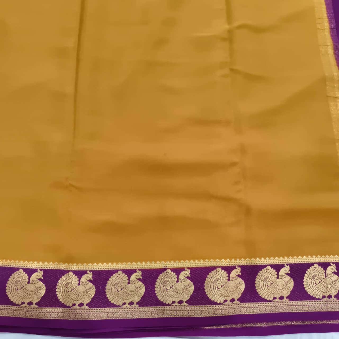 Pure Mysore Crepe Silk Saree – Dark Mustard Yellow and Magenta Pink