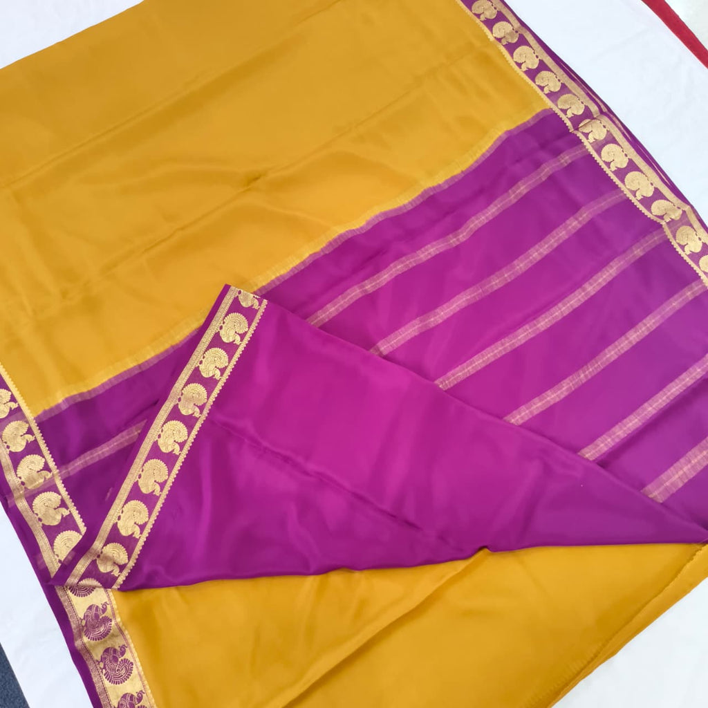 Pure Mysore Crepe Silk Saree – Dark Mustard Yellow and Magenta Pink