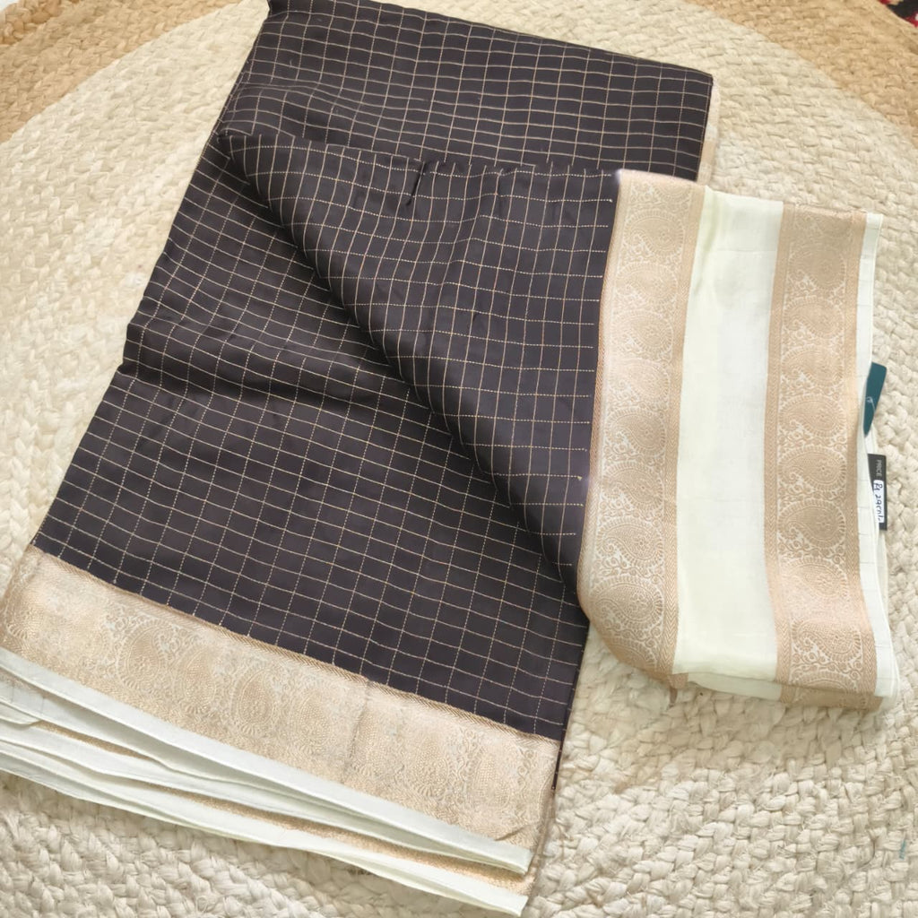 Black and Off-White Viscose Crepe Saree with Checkered Pattern and Bentex Border