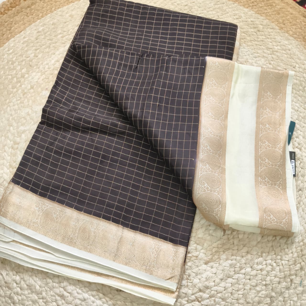 Black and Off-White Viscose Crepe Saree with Checkered Pattern and Bentex Border