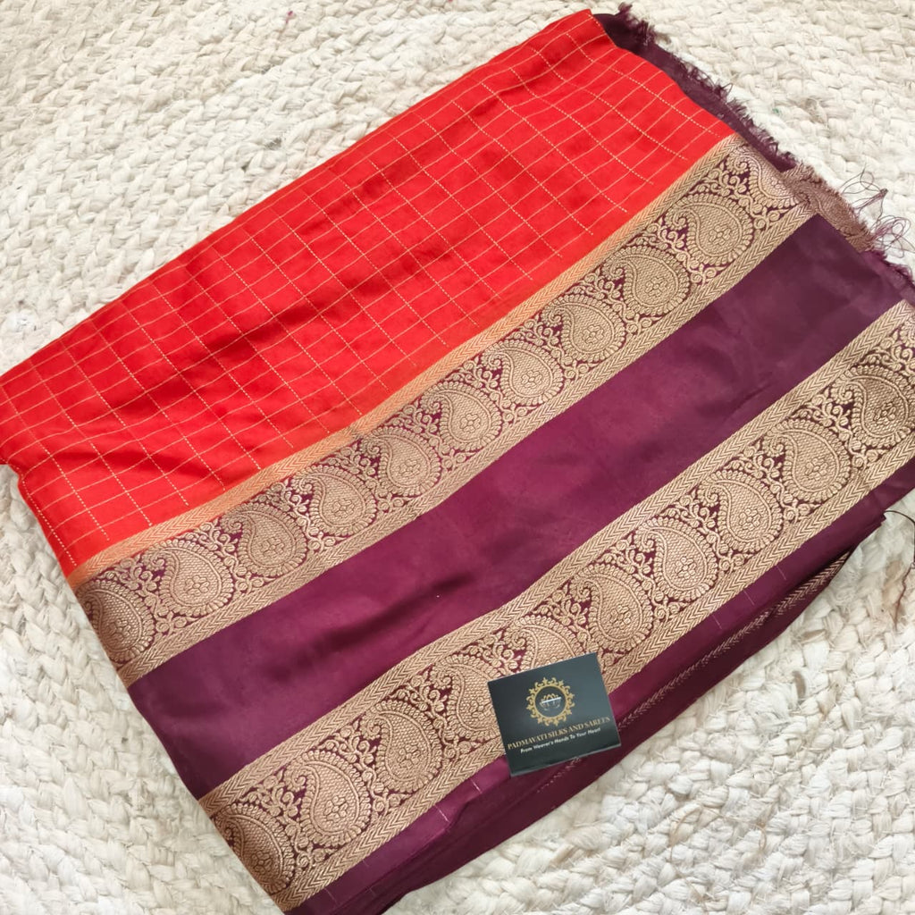 Orange and Maroon Viscose Crepe Saree with Checkered Pattern and Bentex Border