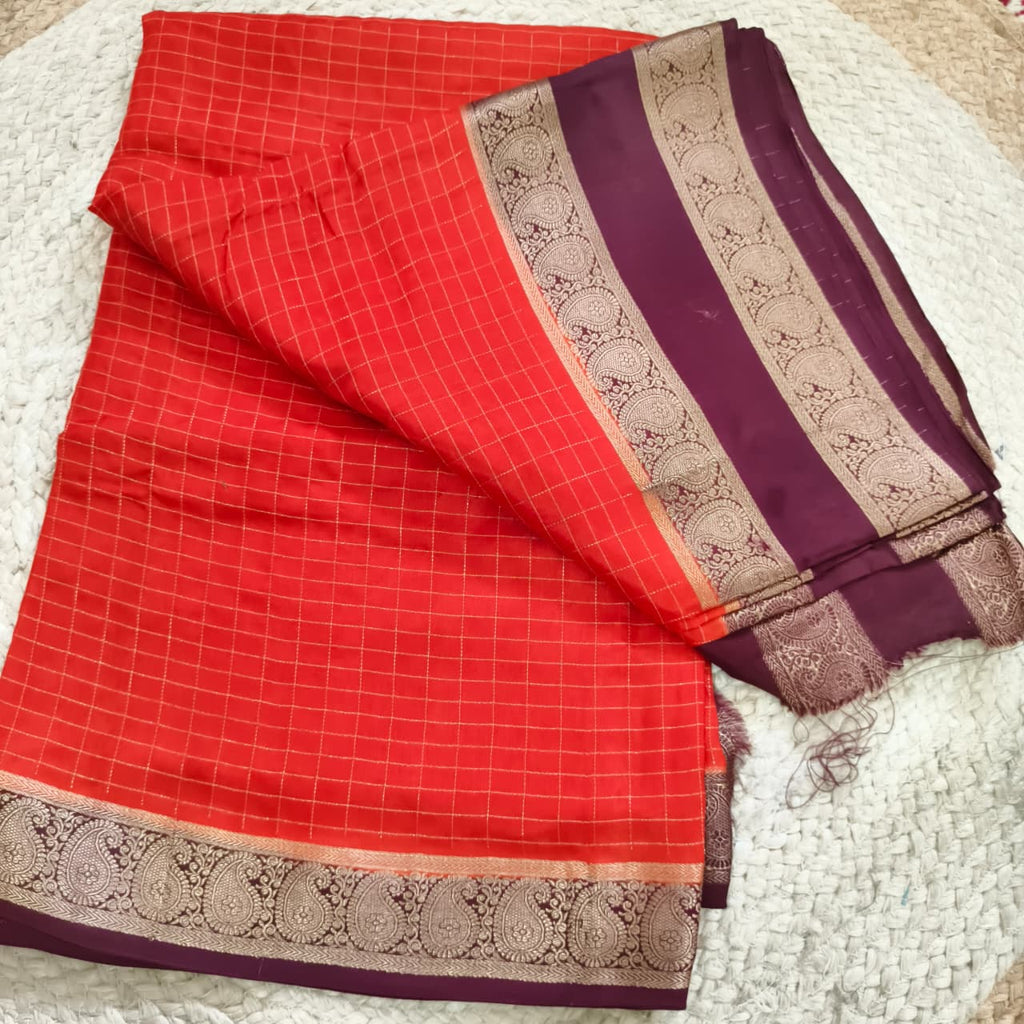 Orange and Maroon Viscose Crepe Saree with Checkered Pattern and Bentex Border