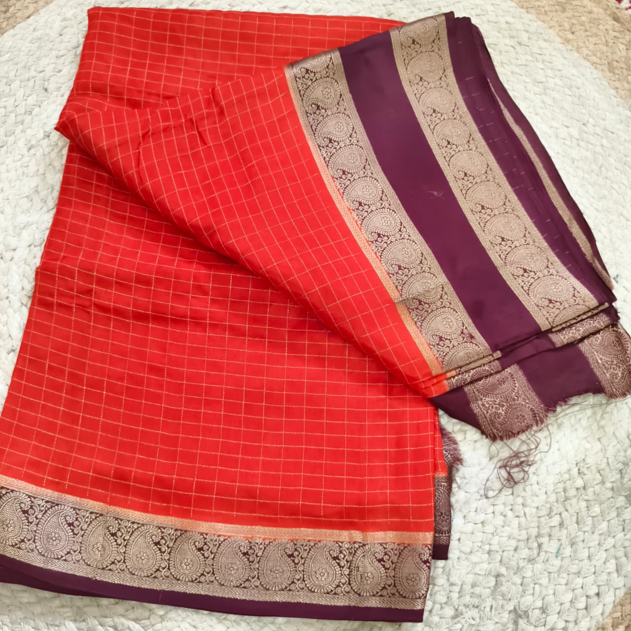 Orange and Maroon Viscose Crepe Saree with Checkered Pattern and Bentex Border