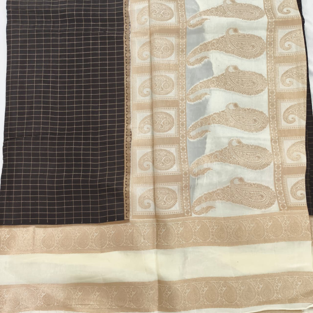 Black and Off-White Viscose Crepe Saree with Checkered Pattern and Bentex Border