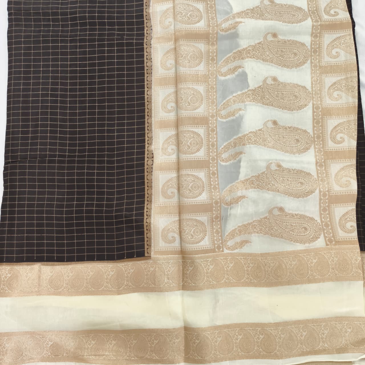 Black and Off-White Viscose Crepe Saree with Checkered Pattern and Bentex Border
