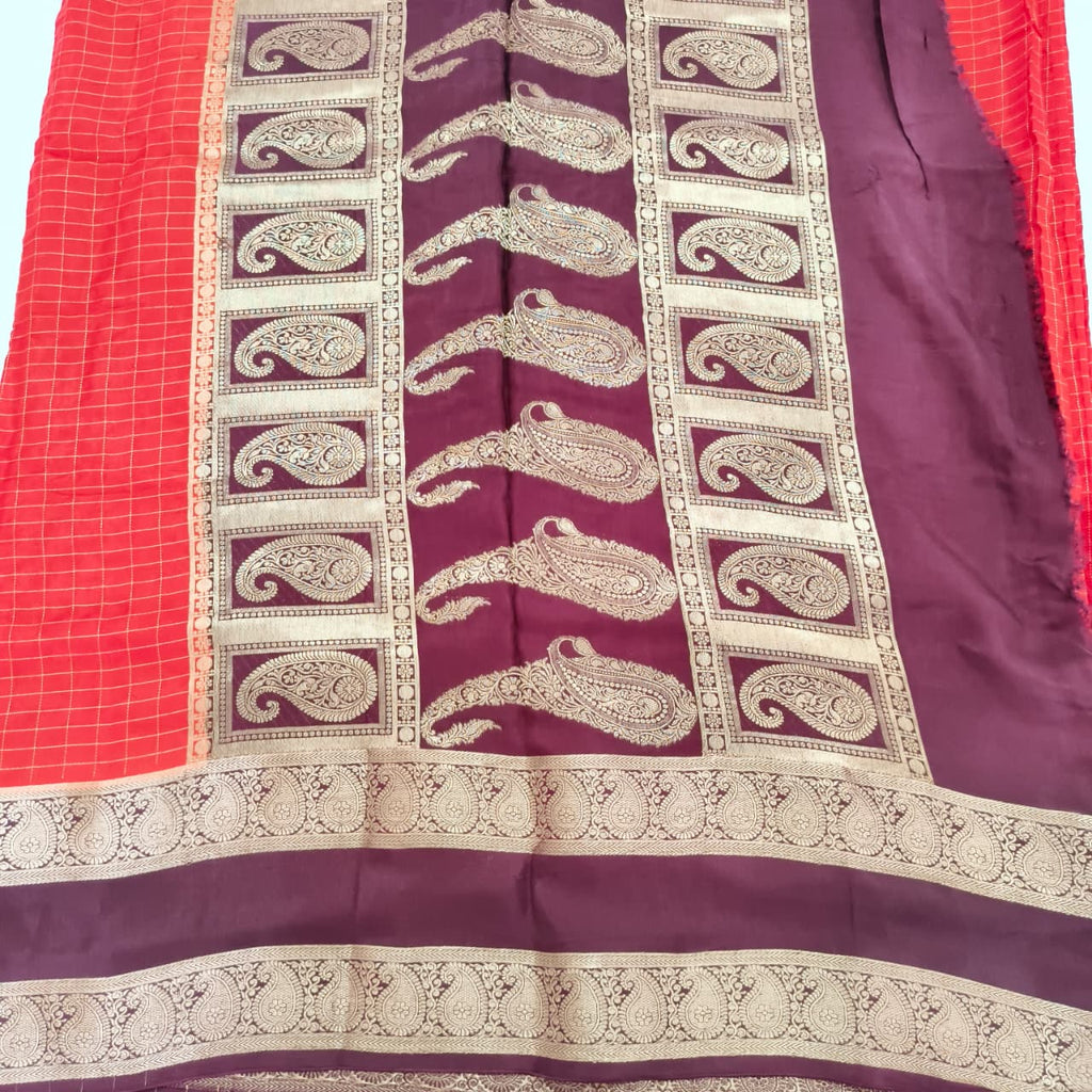 Orange and Maroon Viscose Crepe Saree with Checkered Pattern and Bentex Border