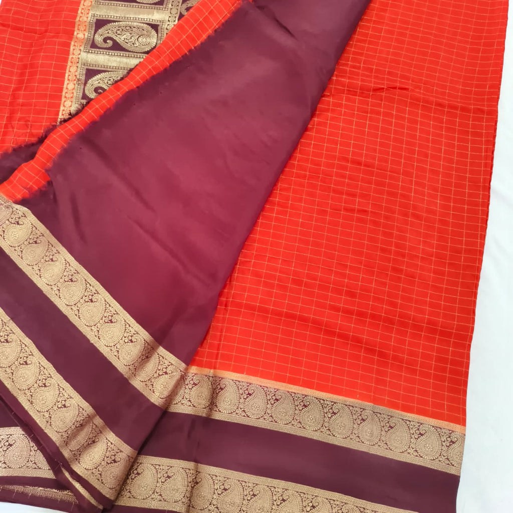 Orange and Maroon Viscose Crepe Saree with Checkered Pattern and Bentex Border