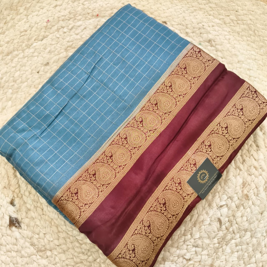 Grey and Maroon Viscose Crepe Saree with Checkered Pattern and Bentex Border