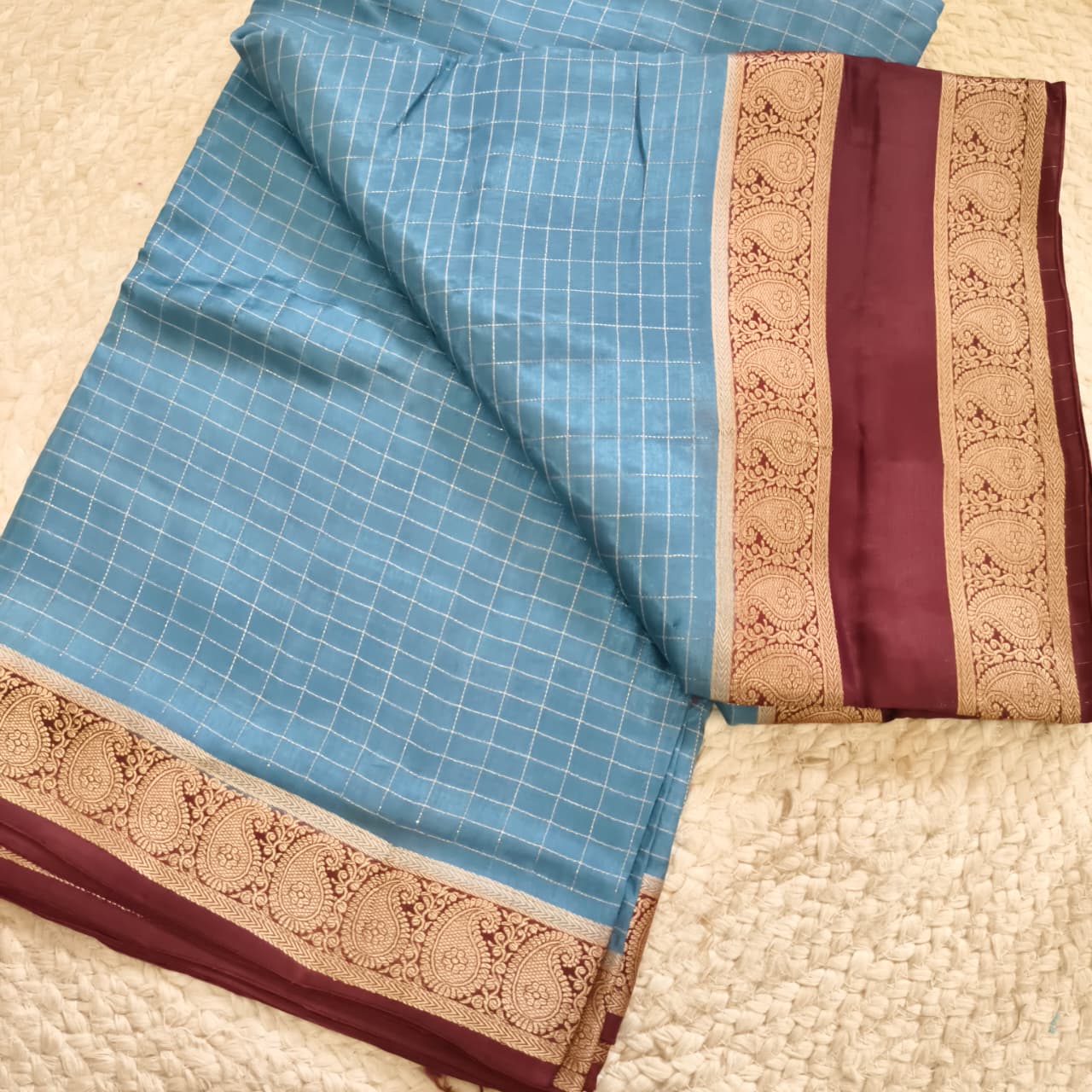 Grey and Maroon Viscose Crepe Saree with Checkered Pattern and Bentex Border