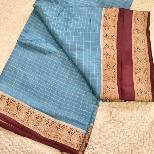 Grey and Maroon Viscose Crepe Saree with Checkered Pattern and Bentex Border