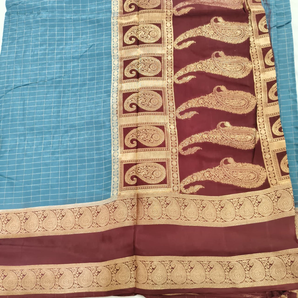 Grey and Maroon Viscose Crepe Saree with Checkered Pattern and Bentex Border