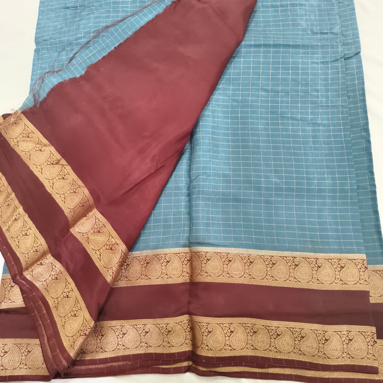 Grey and Maroon Viscose Crepe Saree with Checkered Pattern and Bentex Border