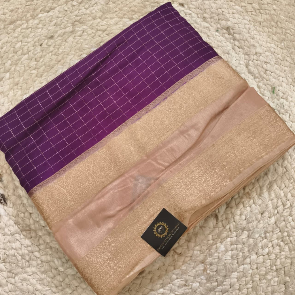 Purple and Beige Viscose Crepe Saree with Checkered Pattern and Bentex Border