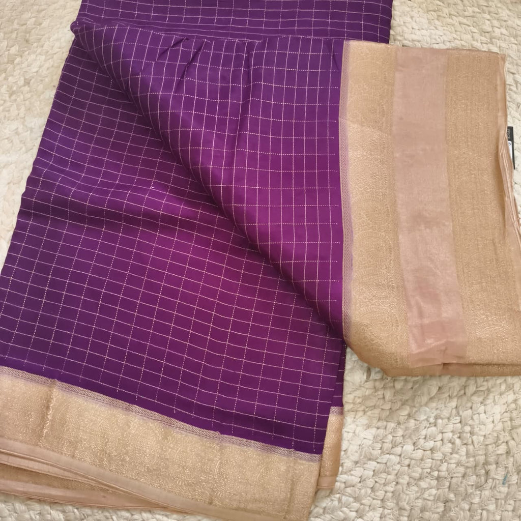 Purple and Beige Viscose Crepe Saree with Checkered Pattern and Bentex Border