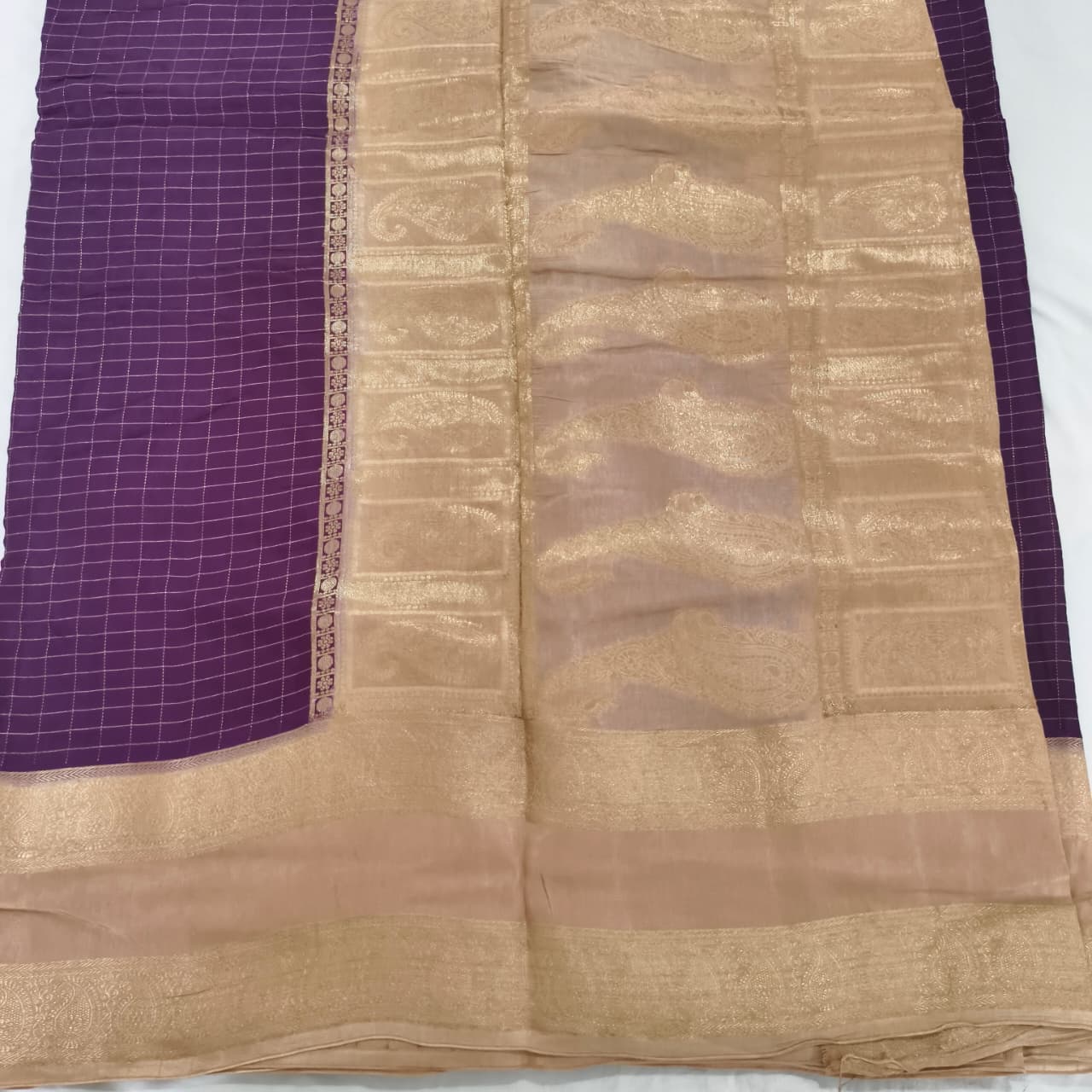 Purple and Beige Viscose Crepe Saree with Checkered Pattern and Bentex Border