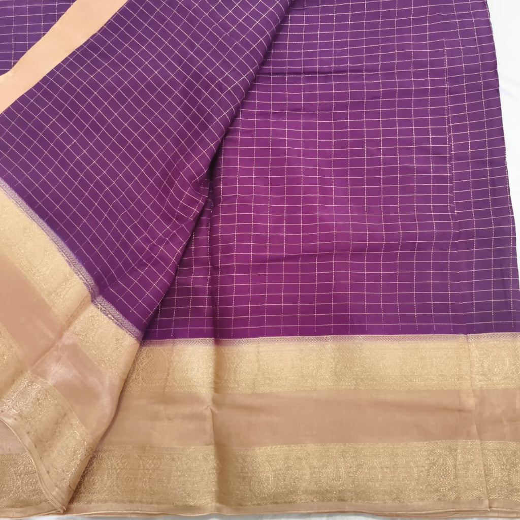 Purple and Beige Viscose Crepe Saree with Checkered Pattern and Bentex Border