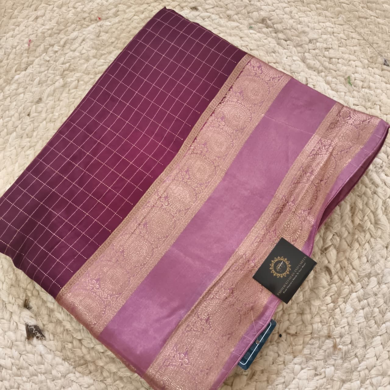 Wine and Onion Pink Viscose Crepe Saree with Checkered Pattern and Bentex Border